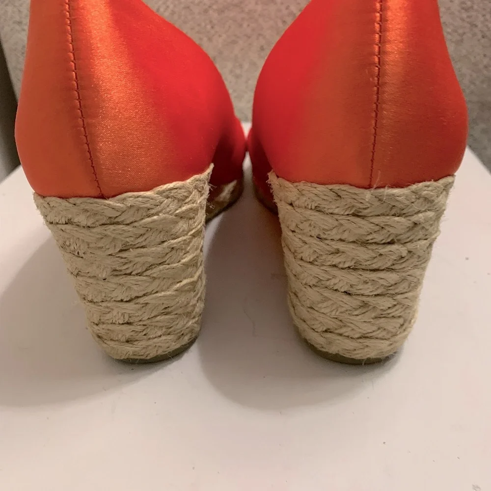 Ralph Lauren Chaps Espadrilles 6.5 Orange Sheen Wedges Stacked Heels